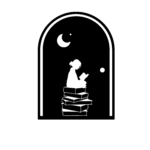 logo de l'association club d'écriture "les yeux fermés". jeune fille qui lit, étoiles, lune, pile de livres